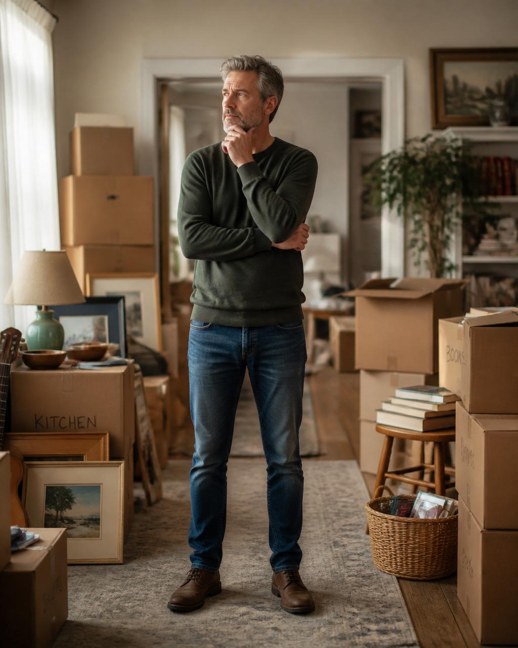 A homeowner standing inside a home filled with contents, considering next steps